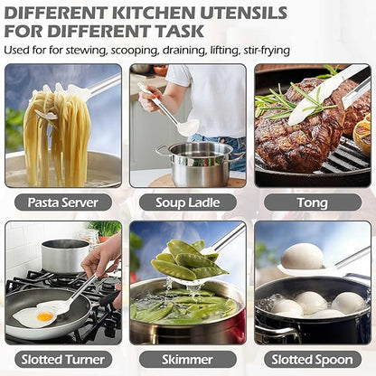 HaWare 29 PCS Silicone Cooking Utensils Set, Heat Resistant Kitchen Utensils Set with Stainless Steel Handle, Spatula Sets with Holder and Hooks, Kitchen Tools Gadgets for Nonstick Cookware -White