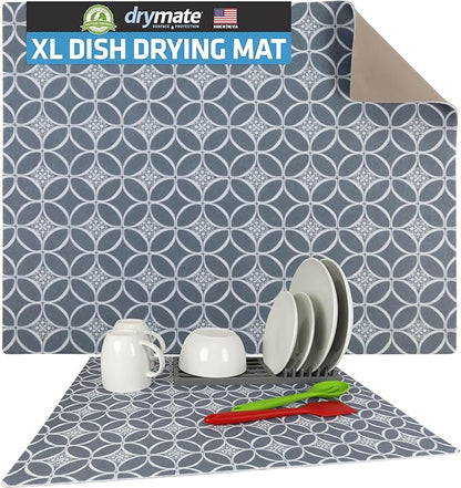 Drymate Jumbo XL Dish Drying Mat (19”x24”), Low-Profile, Super Absorbent, Quick Dry Fabric, Waterproof & Slip-Resistant, for Kitchen Counter, Trimmable, Easy to Clean (USA Made)(Indigo Grey) by Drymate