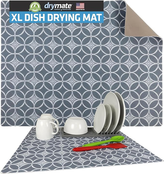 Drymate Jumbo XL Dish Drying Mat (19”x24”), Low-Profile, Super Absorbent, Quick Dry Fabric, Waterproof & Slip-Resistant, for Kitchen Counter, Trimmable, Easy to Clean (USA Made)(Indigo Grey) by Drymate