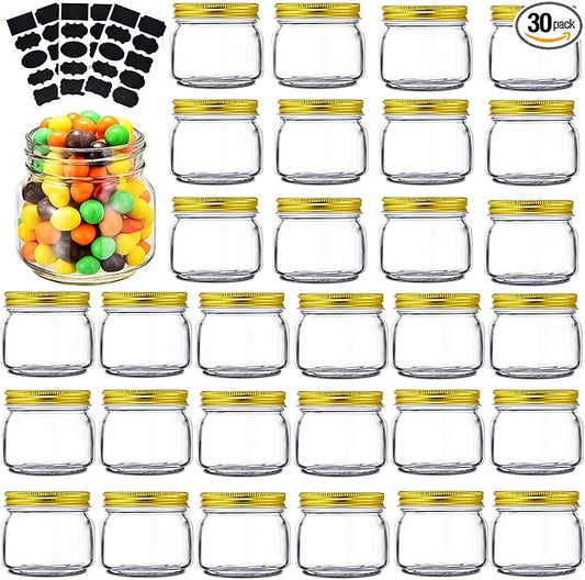 Rainforce Mason Jars 8 oz 30 Pack- Small Mason Jars With Gold Lids -1/4 Quart Canning Jars| Storage Pickling Jars For Jelly, Jam, Honey, Pickles, Spice - With 30 Chalkboard Labels by Rainforce