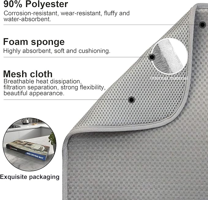 2 Pack Dish Drying Mat, Dish Drying Mats for Kitchen Counter, Microfiber Dish Dryer Mat, Large 20" x 15" Drainer Mats, Highly Absorbent, Machine Washable (Gray) - Image 4