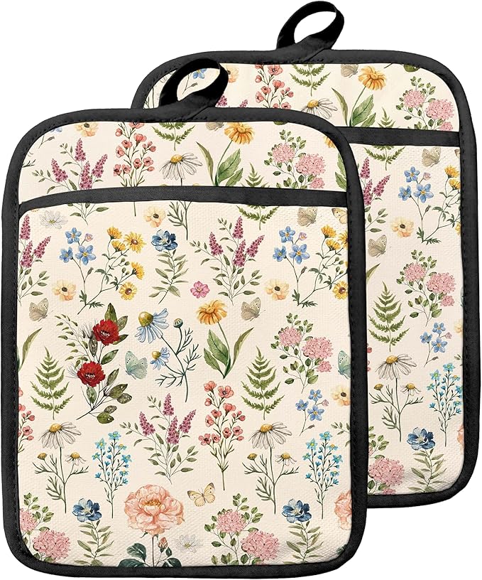 Beige Floral Botanical Pot Holders with Pockets, Rustic Cottagecore Flower Oven Pot Holders Heat Resistant Oven Mitts Hot Pads for Kitchen Baking Cooking