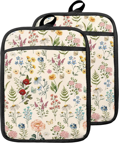 Beige Floral Botanical Pot Holders with Pockets, Rustic Cottagecore Flower Oven Pot Holders Heat Resistant Oven Mitts Hot Pads for Kitchen Baking Cooking