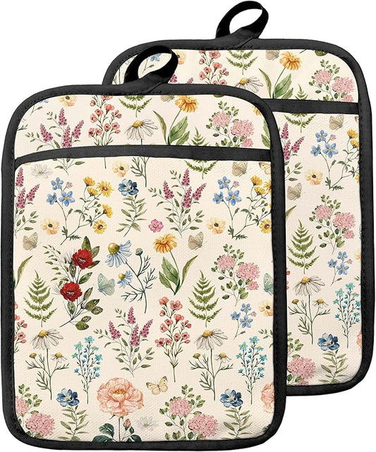 Beige Floral Botanical Pot Holders with Pockets, Rustic Cottagecore Flower Oven Pot Holders Heat Resistant Oven Mitts Hot Pads for Kitchen Baking Cooking