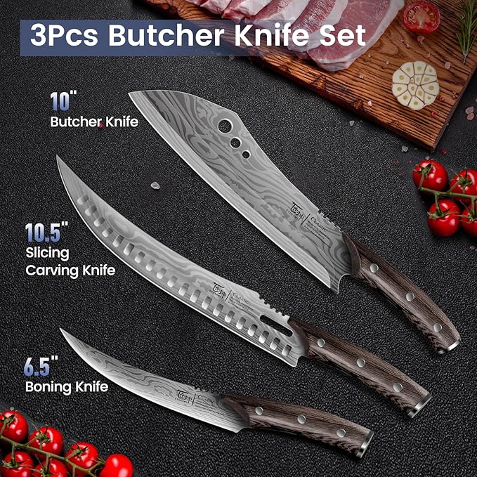 SYOKAMI Butcher Knife Set, 3 PCS Kitchen Knives Set for Cutting, Meat Cleaver Chef Knife Set, Japanese Style High Carbon Steel Knives Set, Chopping & Slicing & Boning for Home and BBQ, Gift for Mom