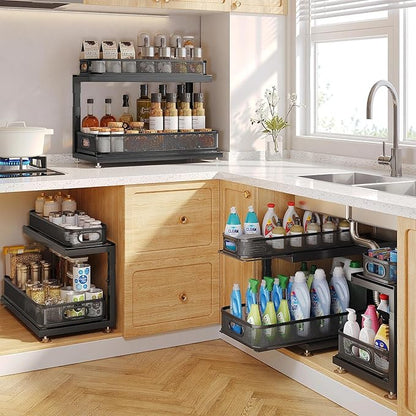 2-Pack 18.5 IN Depth Under Sink Organizer With Next-Gen Ball-Bearing Slides,Sophisticated Mesh 2-Tier Pull Out Shelf for Kitchen & Bathroom,Fits Small Items-Gun Gray