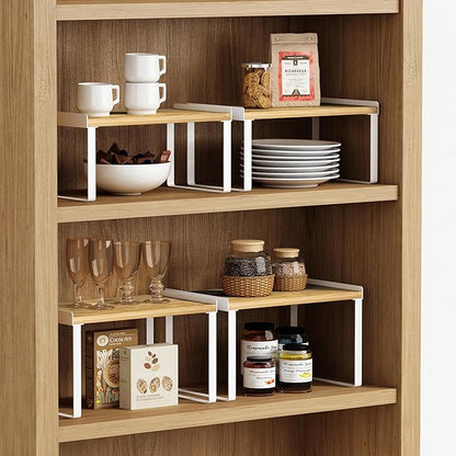 Goozii Kitchen Cabinet Organizer Set of 4, Desk Shelf Riser, Stackable Cabinet Pantry Cupboard Organizer, Kitchen Counter top Shelf, Storage Rack for Spices, Plates, Bamboo Wood, White