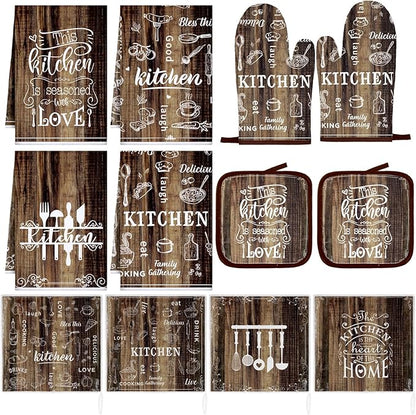 12 Pcs Farmhouse Kitchen Oven Mitts and Pot Holders Decor Sets 4 Wood Kitchen Hand Towels 4 Absorbent Dishcloths 2 Pot Holders 2 Oven Mitts Glove for Home Decorations Mom Baking Cooking Grilling Gift