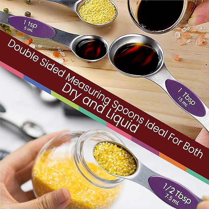 Magnetic Measuring Spoons Set of 9 Stainless Steel Dual-Sided Stackable Measuring Spoon Nesting Teaspoons Measuring Dry and Liquid Ingredients, Fits in Spice Jars Set of 9 (Purple) - Image 8