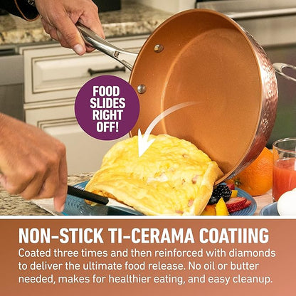 Gotham Steel Hammered Frying Pan Set, 3 Piece Nonstick Copper Fry Pans, 8”, 10” & 12” Skillet, Omelet Pan, Cookware, PFOA Free, Dishwasher Safe, Cool Touch Handle - Image 3