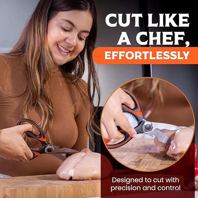SpartaSake 2-Pack Premium Stainless Steel All Purpose Kitchen Shears with Sleeve - Heavy Duty Ultra Sharp kitchen Scissors for Food-Multipurpose Food Scissors for Meat Poultry Vegetable (Black-Orange)