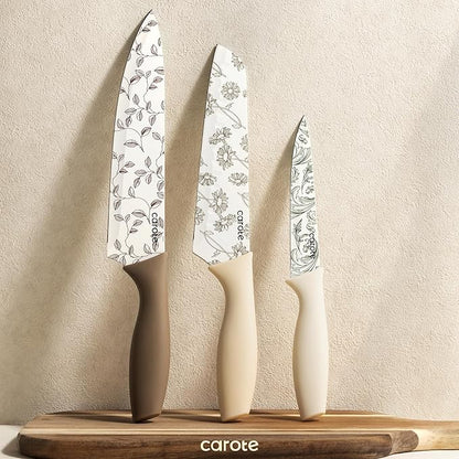 CAROTE 12PCS Knife Set, Kitchen Knife Set with 6 Blade Guards, Stainless Steel Knives Set With Nonstick Ceramic Coating, Rustproof, Delicate Floral Designs, White - Image 8