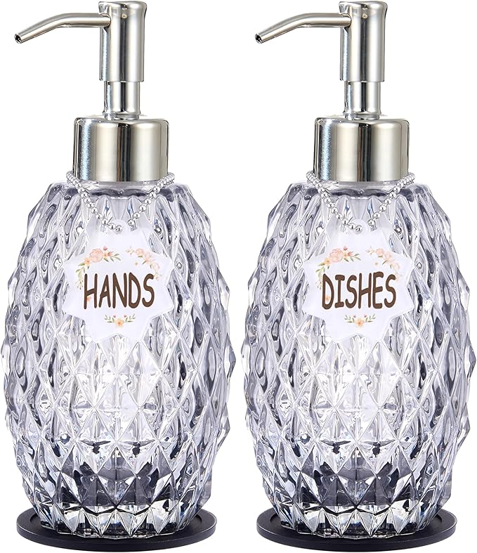 MALACHI Soap Dispenser Set, Crystal-Textured Diamond Glass with Rustproof Stainless Steel Pump, Dual-Labelled Hand & Dish Soap Dispenser for Kitchen & Bathroom