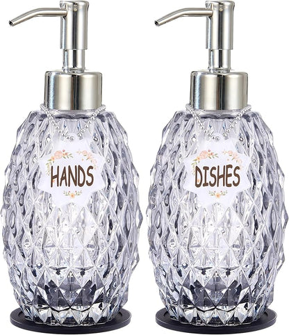 MALACHI Soap Dispenser Set, Crystal-Textured Diamond Glass with Rustproof Stainless Steel Pump, Dual-Labelled Hand & Dish Soap Dispenser for Kitchen & Bathroom