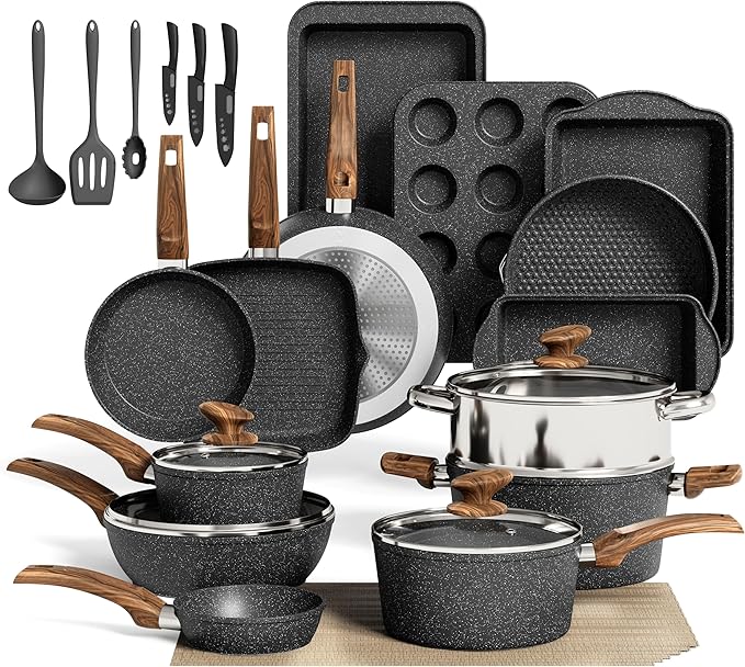MAISON ARTS 30 Piece Pots and Pans Set Non Stick, Kitchen Cookware & Bakeware Sets with Nonstick Granite Coating, Baking Tray, Frying Pan and Saucepan, Black by MAISONARTS