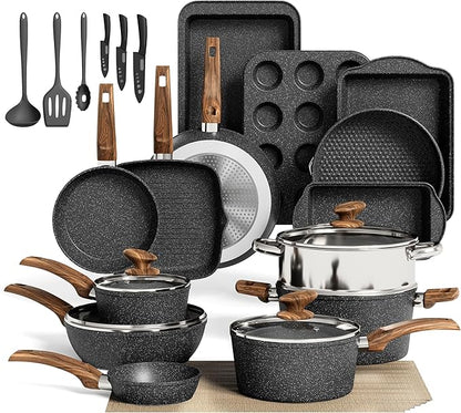 MAISON ARTS 30 Piece Pots and Pans Set Non Stick, Kitchen Cookware & Bakeware Sets with Nonstick Granite Coating, Baking Tray, Frying Pan and Saucepan, Black by MAISONARTS