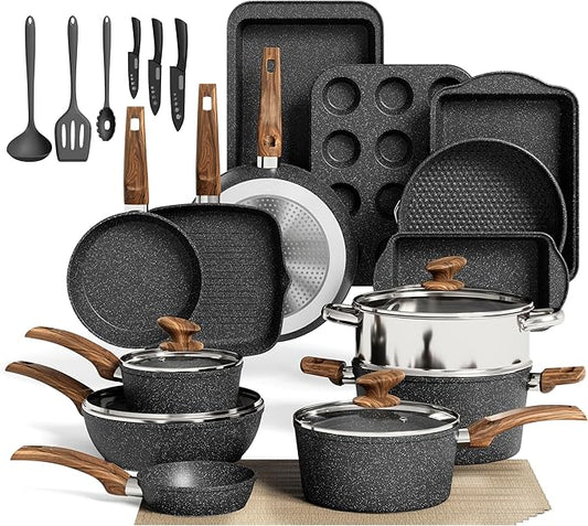 MAISON ARTS 30 Piece Pots and Pans Set Non Stick, Kitchen Cookware & Bakeware Sets with Nonstick Granite Coating, Baking Tray, Frying Pan and Saucepan, Black by MAISONARTS