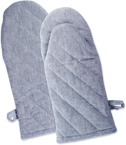 DII 100% Cotton Solid Chambray Kitchen Set, Oven Mitts, Blue, 2 Piece