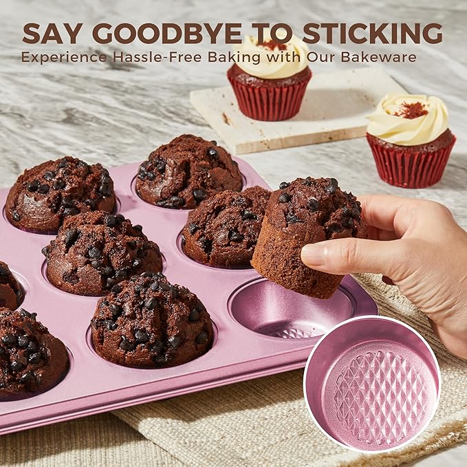 HONGBAKE 9-Piece Baking Pans Set Nonstick, Stackable Non Toxic Bakeware Sets with Diamond Texture, Oven Pan Set for Cooking, Includes Cookie Sheet with Rack, Cake Pan, Roasting Pan, Muffin Tin, Pink - Image 7