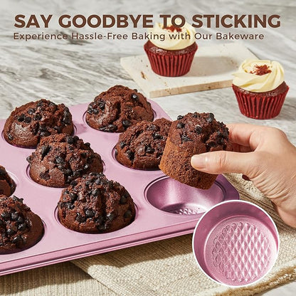 HONGBAKE 9-Piece Baking Pans Set Nonstick, Stackable Non Toxic Bakeware Sets with Diamond Texture, Oven Pan Set for Cooking, Includes Cookie Sheet with Rack, Cake Pan, Roasting Pan, Muffin Tin, Pink - Image 7