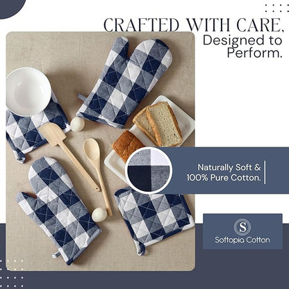 Oven Mitt & Pot Holder Buffalo Plaid Check 100% Cotton Heat Resistant Oven Gloves (7"x13") & Hot Pads (8"x8") Combo for Baking, Cooking - Navy