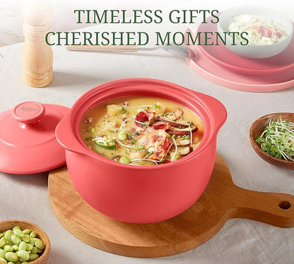 MINH LONG 1-Qt Porcelain Dutch Oven with Lid – Lead & Cadmium Free, Oven Safe to 482°F, Heat Retention, Clay Pot for Cooking on Gas & Infrared Cooktop, Use to Marinate, Cook, Bake, Refrigerate & Serve