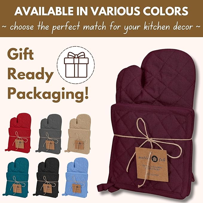Native Fab 4 Piece Set - 2 Oven Mitts & 2 Potholders, Heat Resistant, 100% Cotton, Quilted Design, Non-Slip Grip, Machine Washable, Ideal for Baking, Cooking, BBQ, Kitchen Protection - Burgundy Wine - Image 7