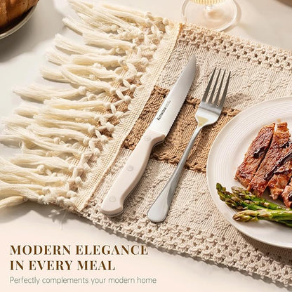 Astercook Steak Knives, Steak Knives Set of 8, High Carbon Stainless Steel Steak Knife Set with Full Tang Handle, Dishwasher Safe Serrated Knife, Elegant Cream White Mothers Day Gifts