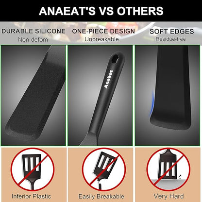 Anaeat Silicone Thin Spatula Set of 2 - Mini Brownie Serving Spatulas - Non Stick Spurtle Turner for Easy Cooking Eggs, Omelet, Pancake, Burgers, Pizza, Steak, Crepes, Heat Resistant & BPA Free