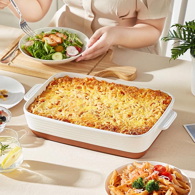 MALACASA Baking Dish 4.8 Qt Ceramic Casserole & Lasagna Pan, 9x13 Inch Deep Rectangular Oven Safe Dish with Handles for Baking, Roasting, Serving (Khaki & White) - Series Tara - Image 8