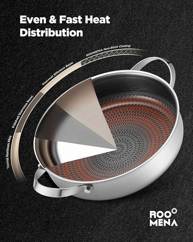 Roomena Frying Pans Nonstick with Lid, Hybrid Ceramic Nonstick Tri-Ply Saute Pan with Lid, PFAS/PFOA/PTFE Free, Metal Utensil Safe, Dishwasher & Oven Safe, Induction Compatible