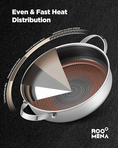 Roomena Frying Pans Nonstick with Lid, Hybrid Ceramic Nonstick Tri-Ply Saute Pan with Lid, PFAS/PFOA/PTFE Free, Metal Utensil Safe, Dishwasher & Oven Safe, Induction Compatible