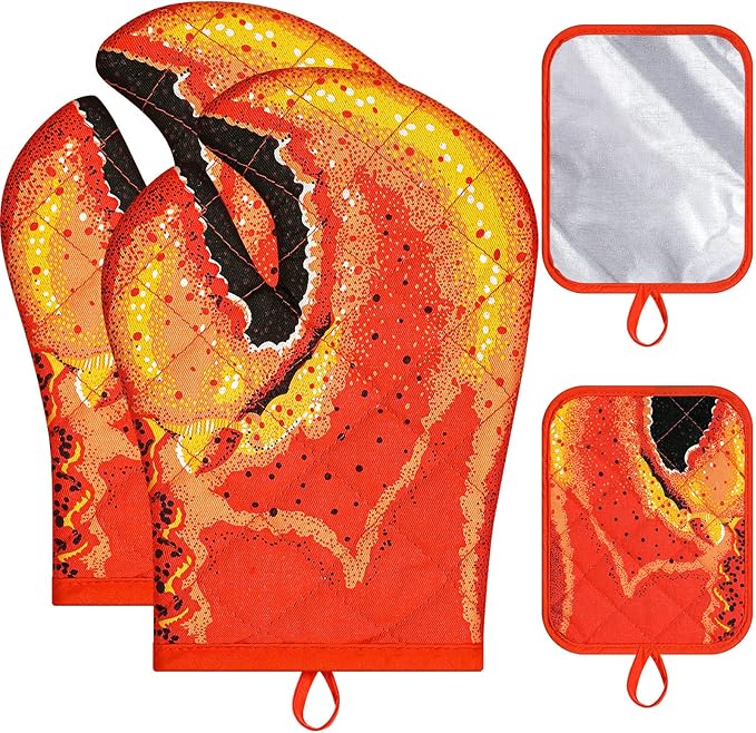 4 Pcs Lobster Claw Oven Mitts and Pot Holders Quilted Cotton Lining Design Heat Resistant Oven Gloves Set with Poth Holder Microwave Gloves Safe for Baking Cooking Barbecue by Nuenen