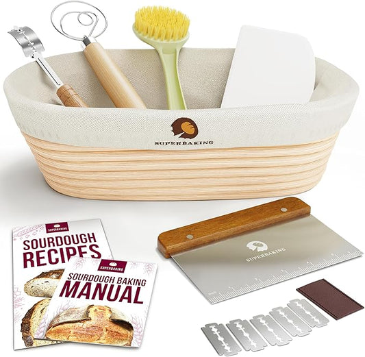 Superbaking 10" Oval Banneton Bread Proofing Basket – Sourdough Starter Kit for Crusty Artisan Style Loaves, Includes Essential Bread Baking Supplies & Tools - Ideal Gift for Bakers by Superbaking