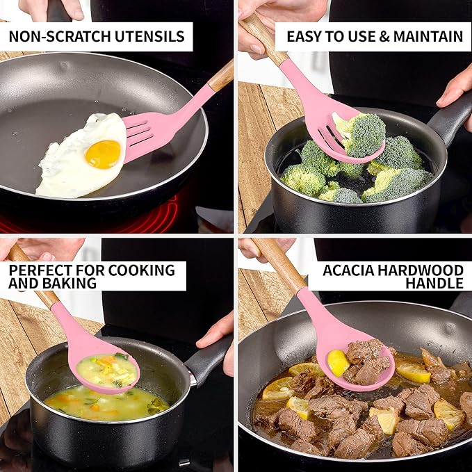 Zulay Kitchen Non-Stick Cooking Utensils Set with Authentic Acacia Wood Handles – 5-Piece Durable & Stylish Silicone Kitchen Utensils Set – Heat Resistant to 464°F – Pink - Image 3