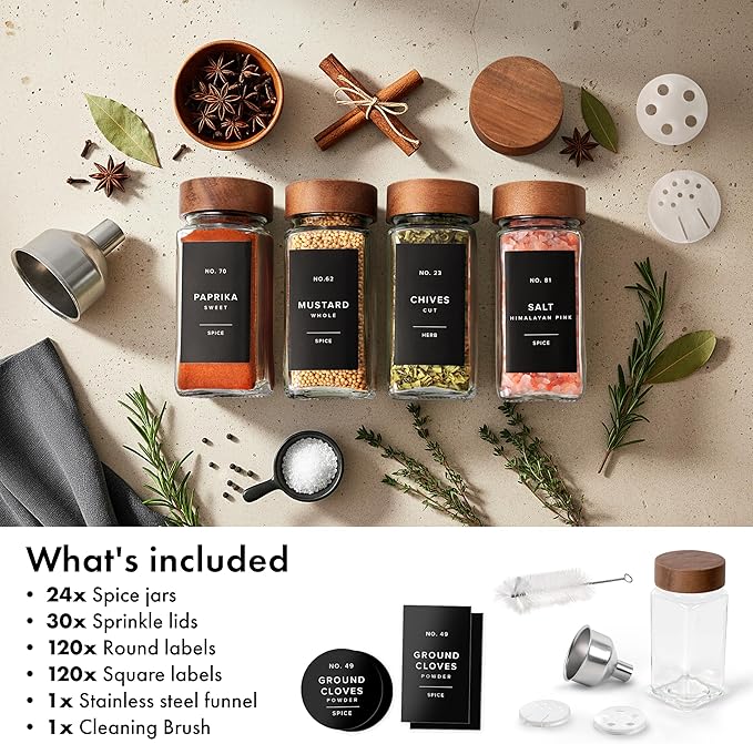 EDELHAUS® Square Spice Jars with Acacia Wooden Lid (Pack of 24) Spice Jars with Shaker Insert and 240 Labels - Acacia Lids Glass Container for Spice Organisation [4.3 in × 1.8 in] - Image 8