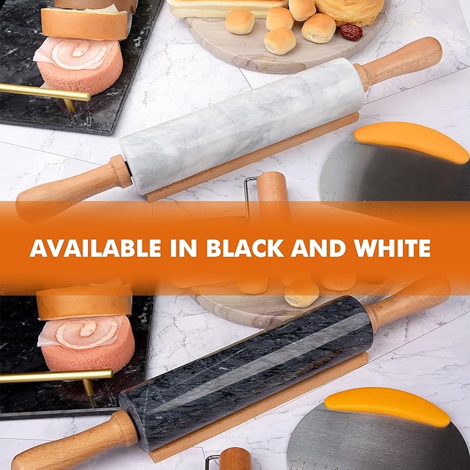 18.5 inches Marble Rolling Pin,Large Non-Stick Dough Roller,for making pizza, cookies,pie crusts, and pasta.with Silicone Pastry Mat,Stainless Steel Scraper,and Small Wooden Roller Pin(Black)