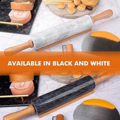 18.5 inches Marble Rolling Pin,Large Non-Stick Dough Roller,for making pizza, cookies,pie crusts, and pasta.with Silicone Pastry Mat,Stainless Steel Scraper,and Small Wooden Roller Pin(Black)