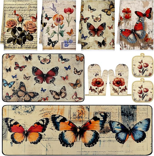 Fourluoo 10 Pcs Butterfly Kitchen Dish Towels Rugs Oven Mitts and Pot Holders Set Farmhouse Kitchen Decor Set for Women Mom Daughter Gift Cooking Baking Grilling(Classic Colors)