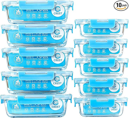 C CREST Glass Meal Prep Containers, [10 Pack] Glass Food Storage Containers with Lids, Airtight Bento Boxes, BPA Free & Leak Proof (10 Lids & 10 Containers) by CCREST