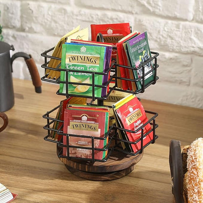 MyGift 8 Compartment Tea Bag Organizer Carousel, Black Metal Wire Packet Holder and 360 Degree Spinning Burnt Solid Wood Base, Coffee Station Storage Caddy