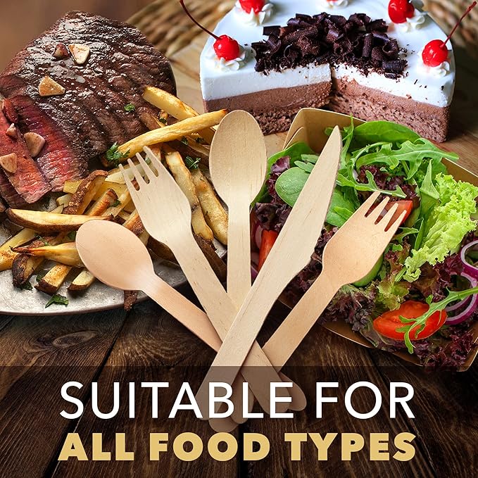 Weemium Disposable Wooden Cutlery Set - 300 Count (100 Forks, 100 Knives, 100 Spoons) – Plastic-free Packaging - Biodegradable Silverware and Splinter-free Compostable Utensils for Parties - Image 6