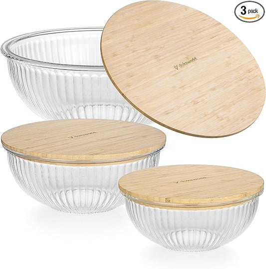 Stackable Space-Saving Nesting Set of 3 Glass Bowls with Bamboo Lids for Foodprep, Storage, Mixing & Cooking - Microwave & Oven Safe BPA Free Durable Heat Resistant Inert Borosilicate Glass by Dokaworld