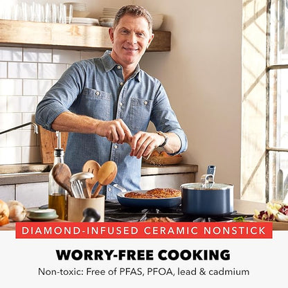 GreenPan x Bobby Flay 2 Piece- 8” and 10” Nonstick Frying Pan Skillet Set, PFAS-Free Diamond Ceramic, Induction Suitable, Stay-Cool Silicone Handle, Easy Clean Dishwasher & Oven Safe, Oxford Blue