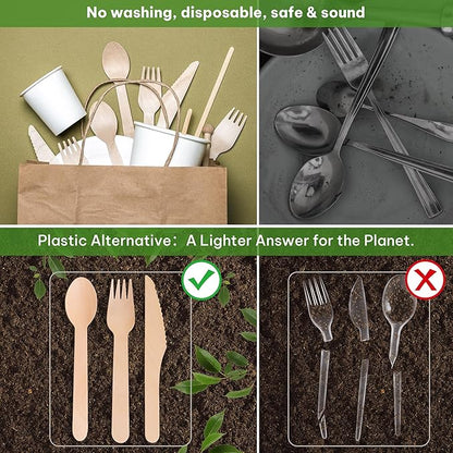 Disposable Wooden Utensils Set, Compostable Utensils, Disposable Cutlery Eco-Friendly Silverware Set for Parties, Catering, Office Lunches-240 PCS (120 Forks, 60 Spoons, 60 Knives)
