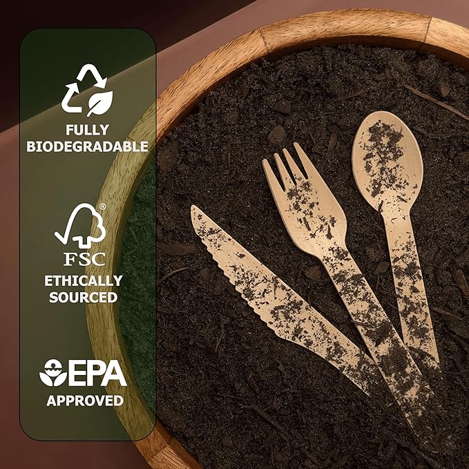 Disposable Wooden Cutlery Set 360 PCS - 100% Compostable Wooden Silverware [120 Forks, 120 Spoons, 120 Knives] - Wooden Disposable Utensils - Compostable Forks and Spoons - Silverware - Image 3