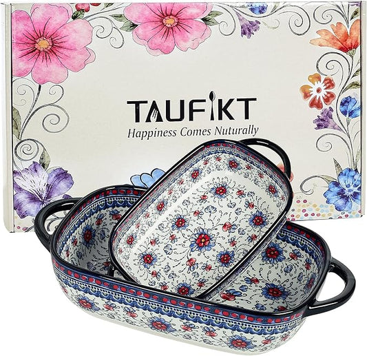 Ceramic Casserole Dishes for Oven, Hand-painted Polish Pottery Baking Dish Set of 2, 0.8QT / 2QT Porcelain Casserole Dishes with Handles, Baking Pan Lasagna Pan, Gift for Family/Friend (Blue) by TAUFIKT