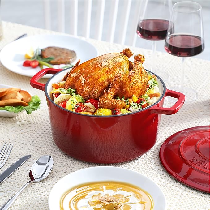 Velaze 6 QT Enameled Cast Iron Dutch Oven, Dual Handles Pot with Lid, Heavy-Duty Non-stick Round Oven for Bread Baking, Stewing, Roasting, Good Sealing for All Heat Source (Red) - Image 7