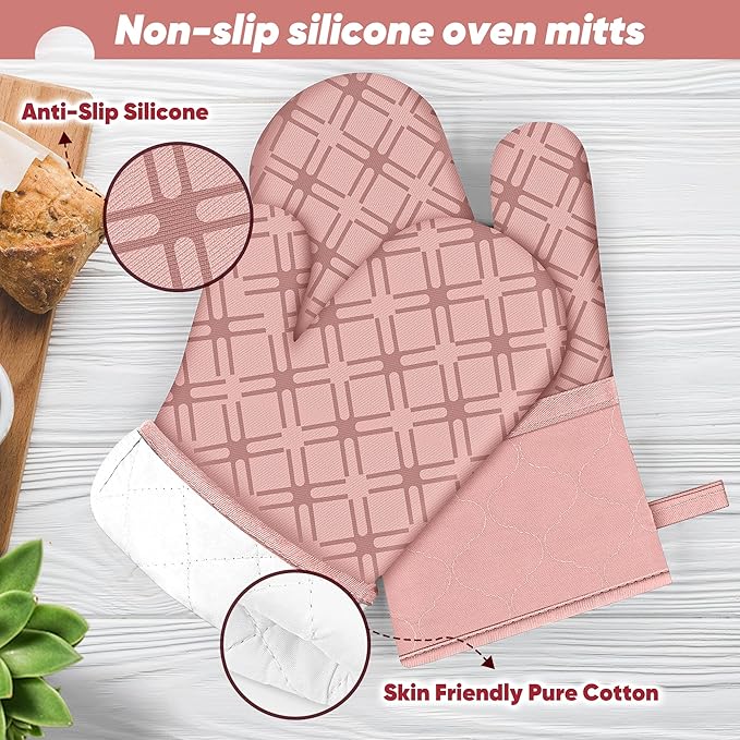 Oven Mitts and Pot Holders Set with Dishcloths, 500 Degree Heat Resistant Oven Gloves and Hot Pads, Premium Soft Cotton Kitchen Mittens and Dish Cloth Sets-Pink - Image 3
