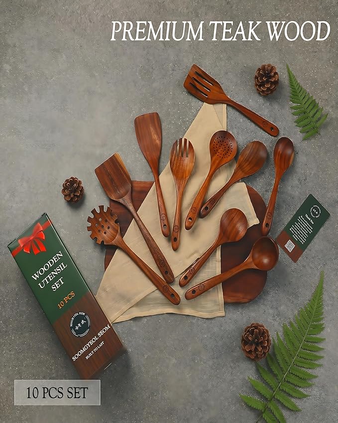 10-Piece Natural Teak Wood Utensil Set - Nonstick Cooking Spoons & Spatulas, Heat Resistant Kitchen Tools - Image 2
